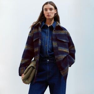 H&M Wool Blend Striped Shacket Navy Brown Fuzzy Overshirt Jacket Size S